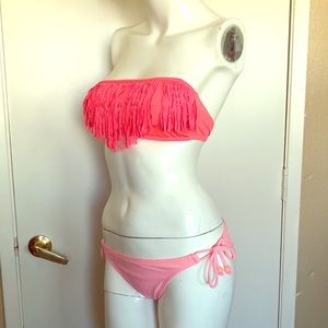 Neon Pink Fringe Bandeau Top w Pink Bikini Bottoms